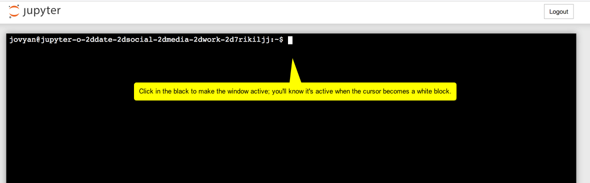 Image showing the terminal in jupyter, saying to click the black area to make the window active