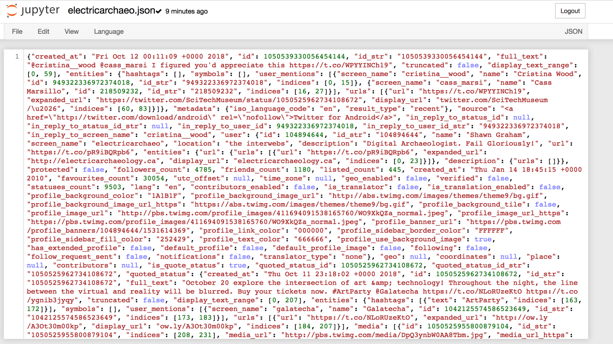 Image showing the full JSON file in jupyter of eletric archaeo's tweets